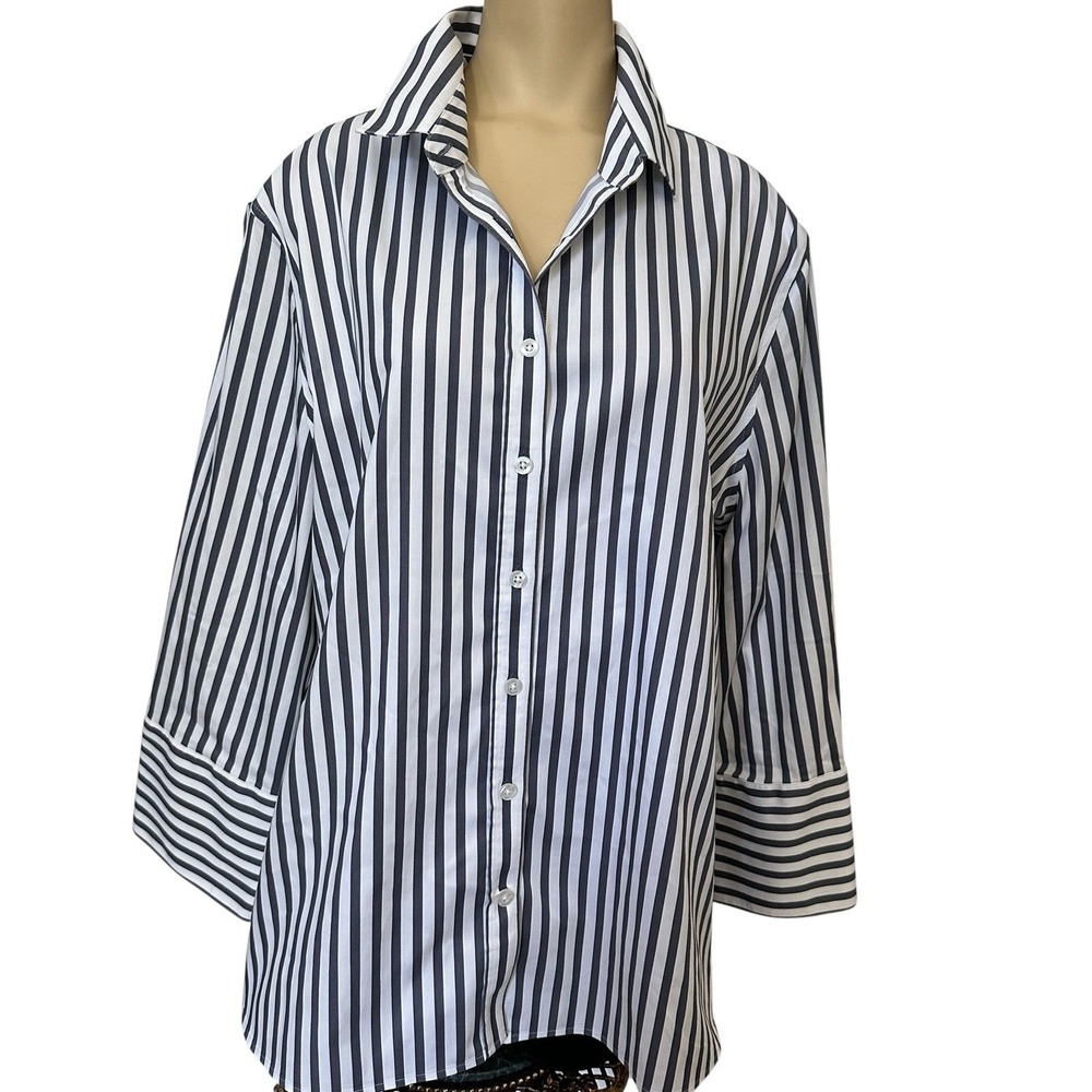 Chicos Shirt Women Sz 16 Navy White Stripe Bell Sleeve Button Preppy Classic EUC